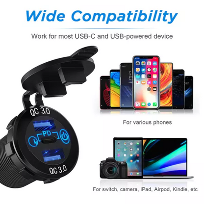 PD Type C Charger Socket & Dual Quick Charge 3.0 Ports
