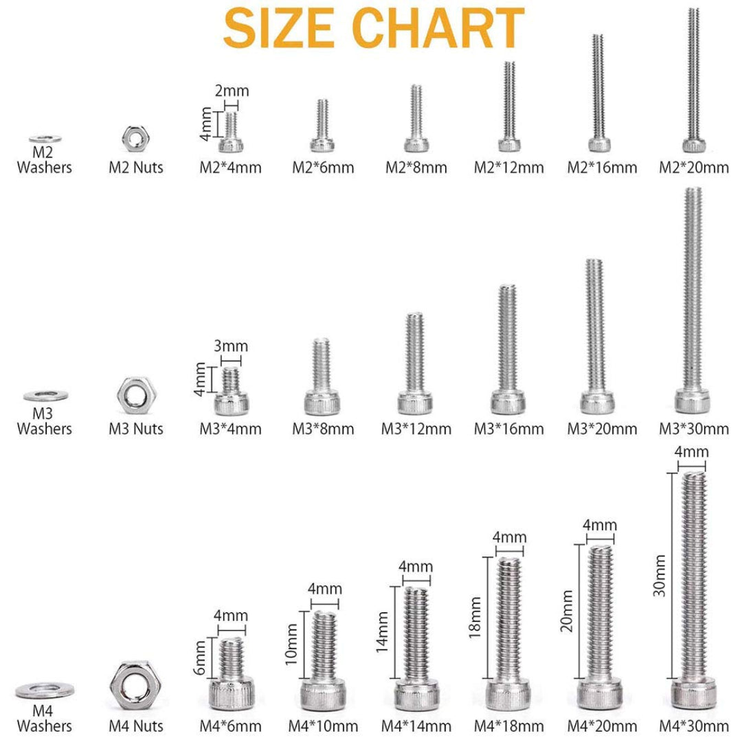 Stainless Steel Allen Key Bolt/ Washer/ Nut Kit: M2/M3/M4 (1080-Piece)