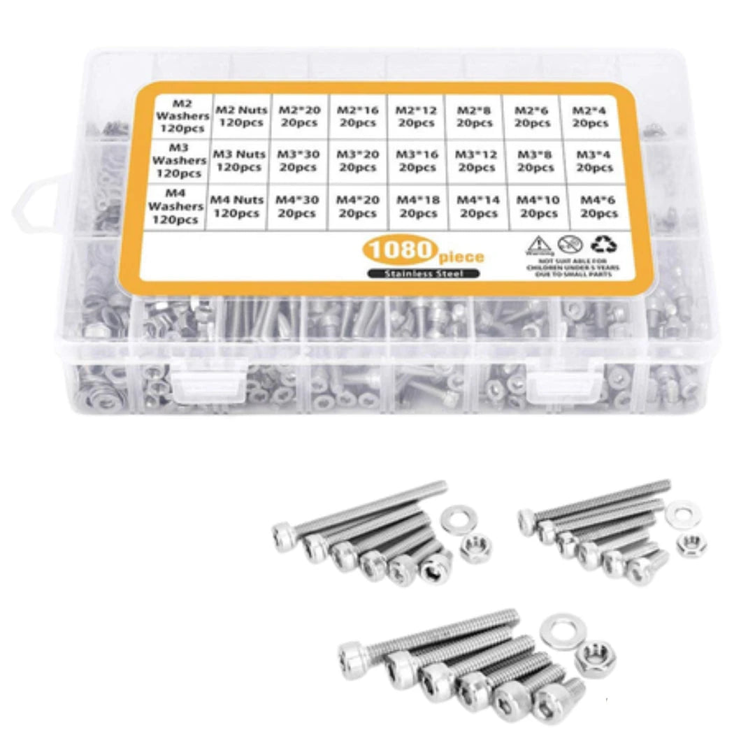 Stainless Steel Allen Key Bolt/ Washer/ Nut Kit: M2/M3/M4 (1080-Piece)