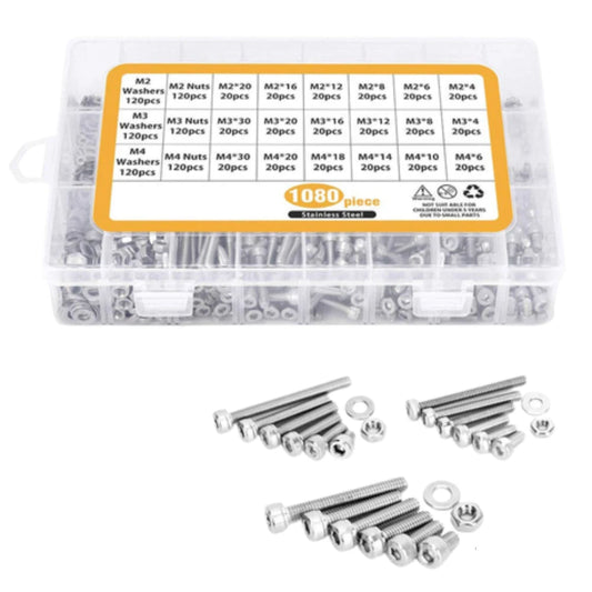 Stainless Steel Allen Key Bolt/ Washer/ Nut Kit: M2/M3/M4 (1080-Piece)