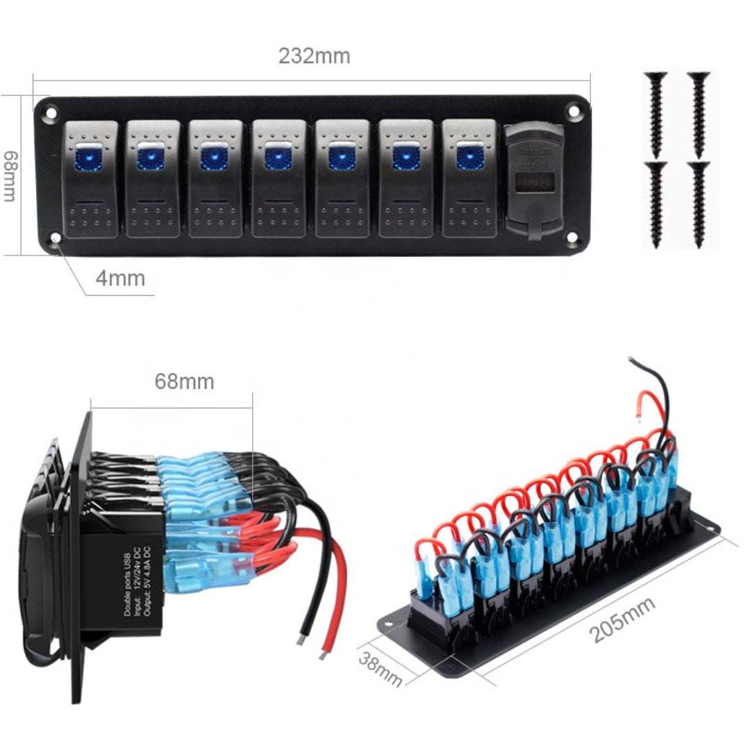7-Gang Rocker Switch / Dual USB & Volt Panel (4.8A) - Blue