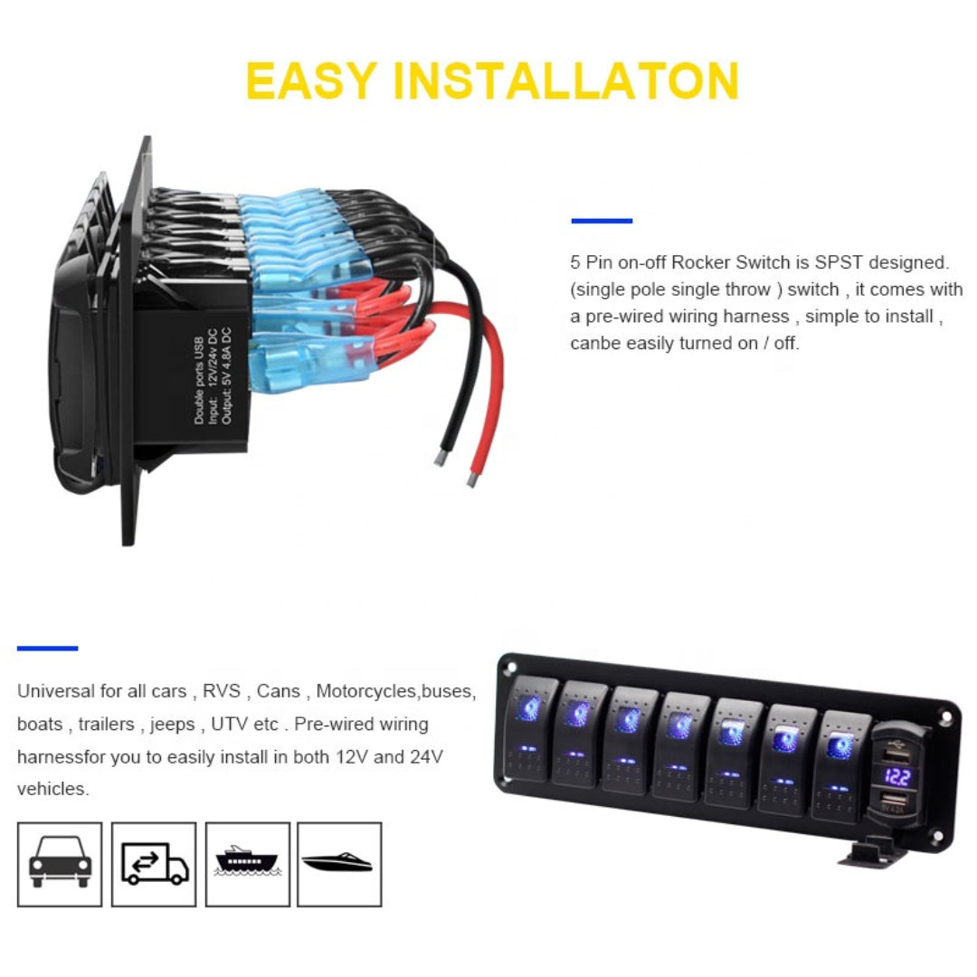 7-Gang Rocker Switch / Dual USB & Volt Panel (4.8A) - Blue