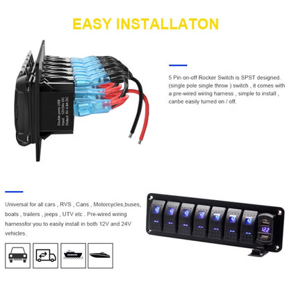 7-Gang Rocker Switch / Dual USB & Volt Panel (4.8A) - Blue
