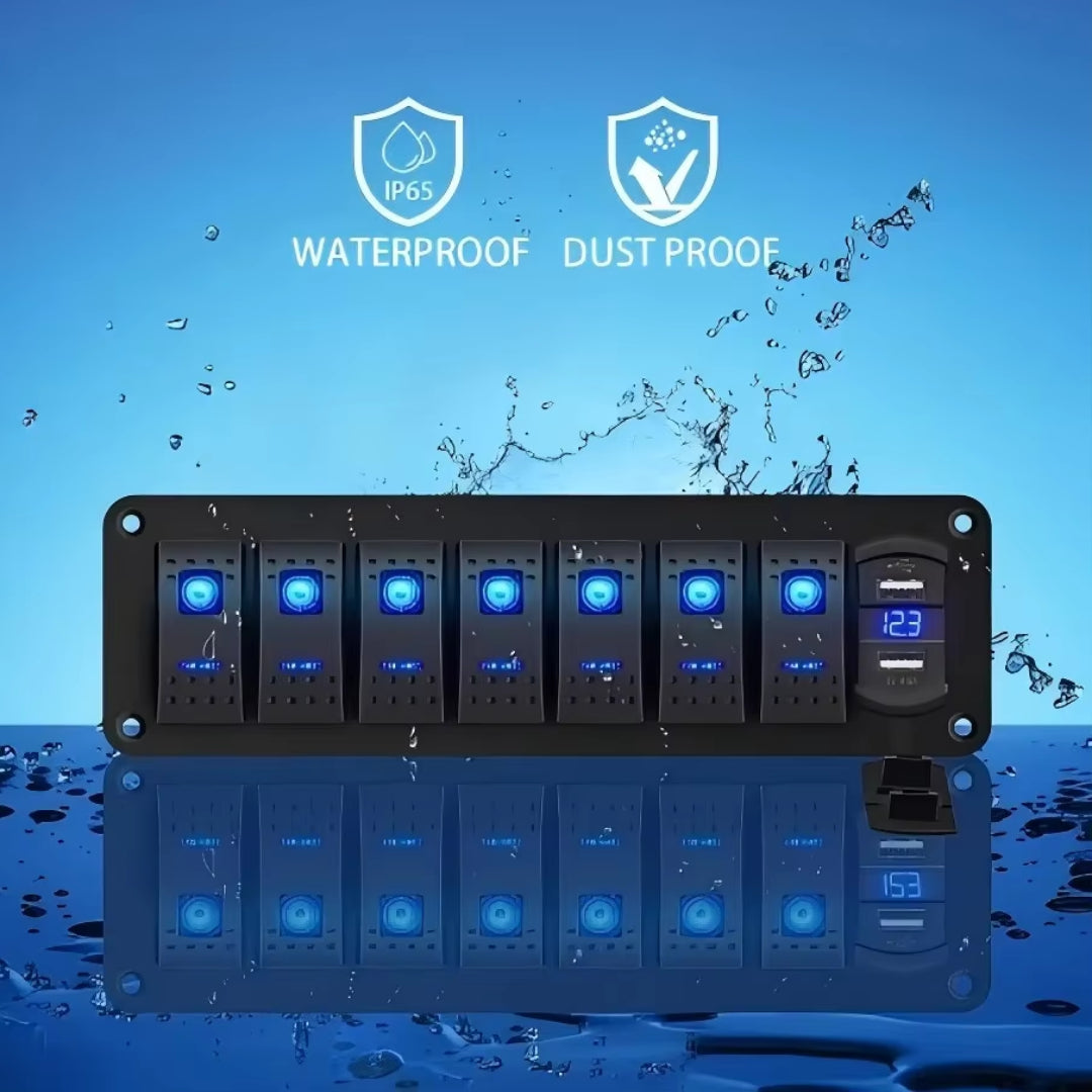 7-Gang Rocker Switch / Dual USB & Volt Panel (4.8A) - Blue