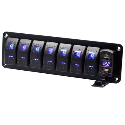 7-Gang Rocker Switch / Dual USB & Volt Panel (4.8A) - Blue