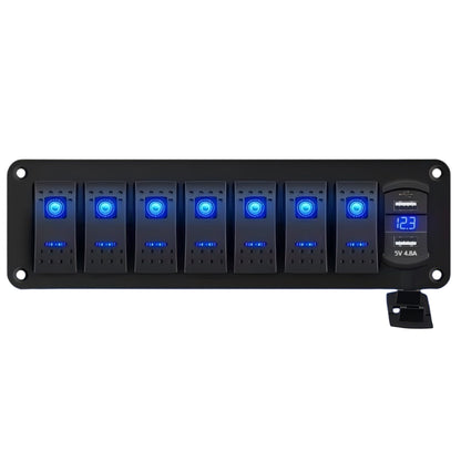 7-Gang Rocker Switch / Dual USB & Volt Panel (4.8A) - Blue