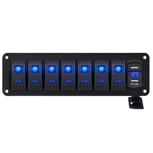 7-Gang Rocker Switch / Dual USB & Volt Panel (4.8A) - Blue