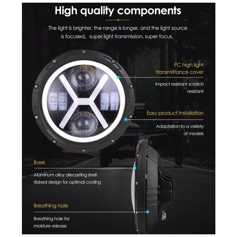 2Piece 7 Inch Round X styled LED Jeep and Motorcycle Headlights