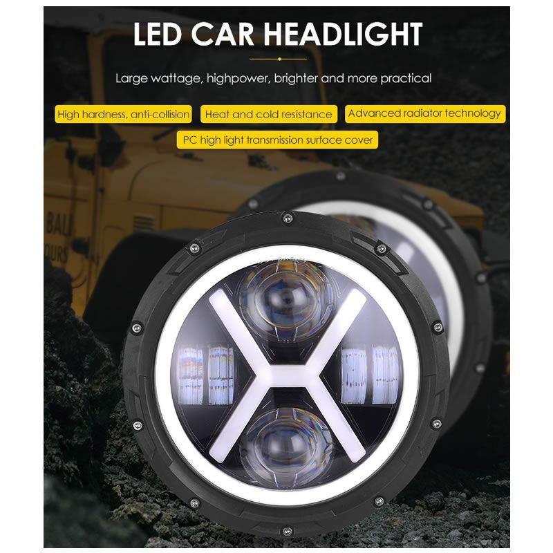2Piece 7 Inch Round X styled LED Jeep and Motorcycle Headlights