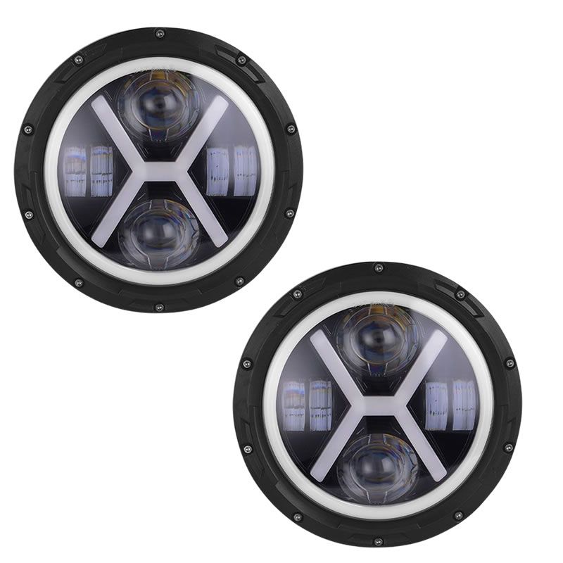 2Piece 7 Inch Round X styled LED Jeep and Motorcycle Headlights