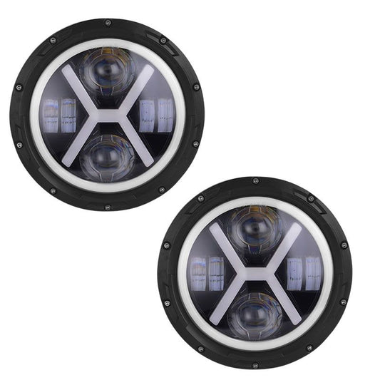 2Piece 7 Inch Round X styled LED Jeep and Motorcycle Headlights
