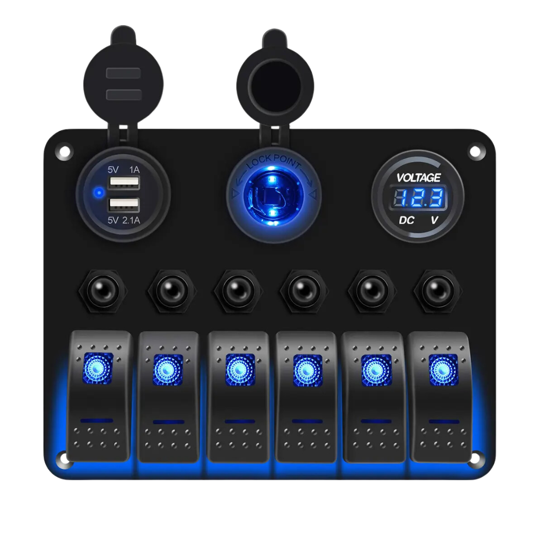 Auto 6-Gang Panel: On/Off Switches, Voltmeter, Dual USB & Cig Socket