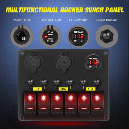 Auto 6-Gang Panel: On/Off Switches, Voltmeter, Dual USB & Cig Socket