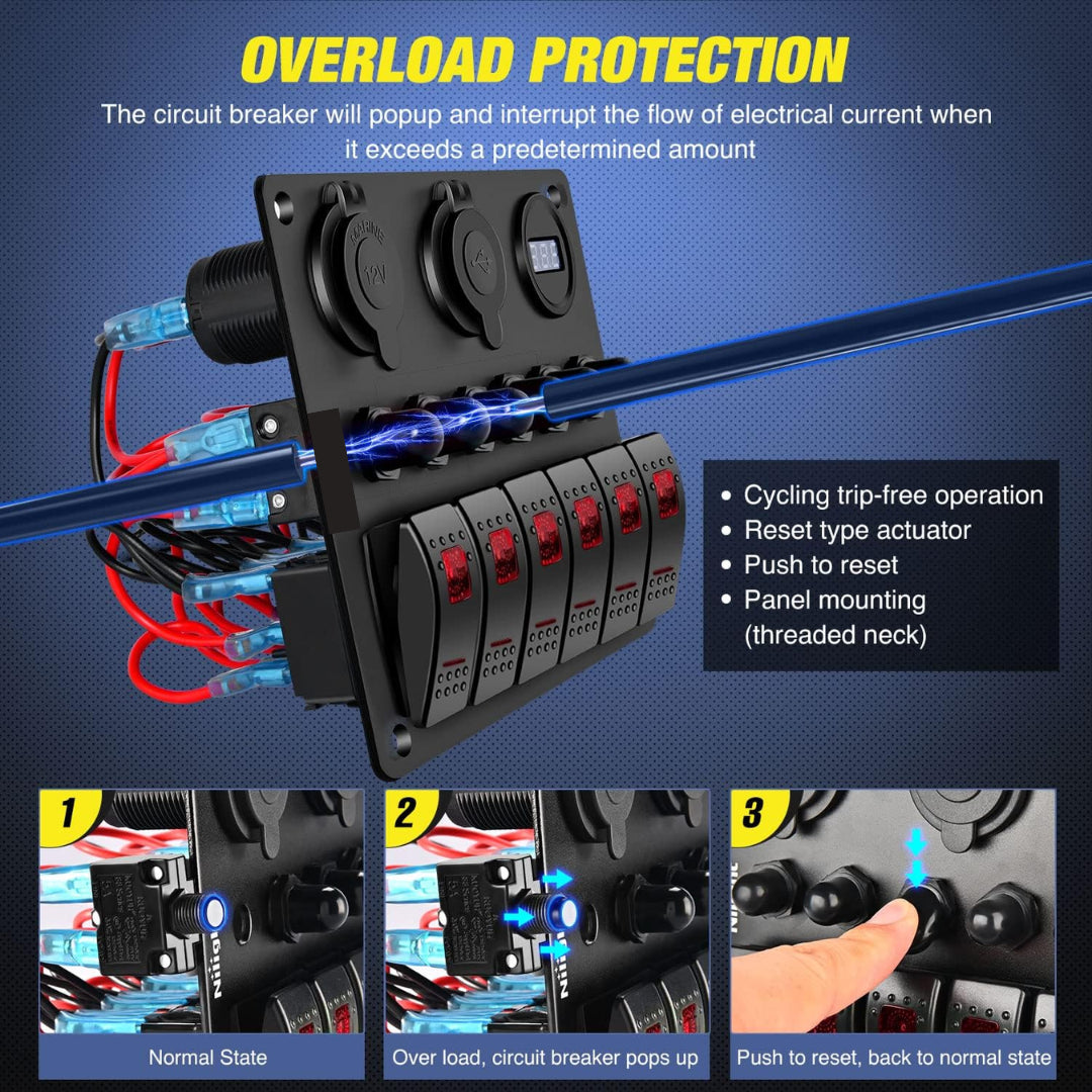 Auto 6-Gang Panel: On/Off Switches, Voltmeter, Dual USB & Cig Socket