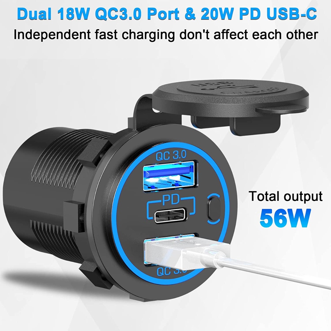 Automotive 4-in-1 Panel: Cig Port, USB/ PD, Volt Meter & Switch