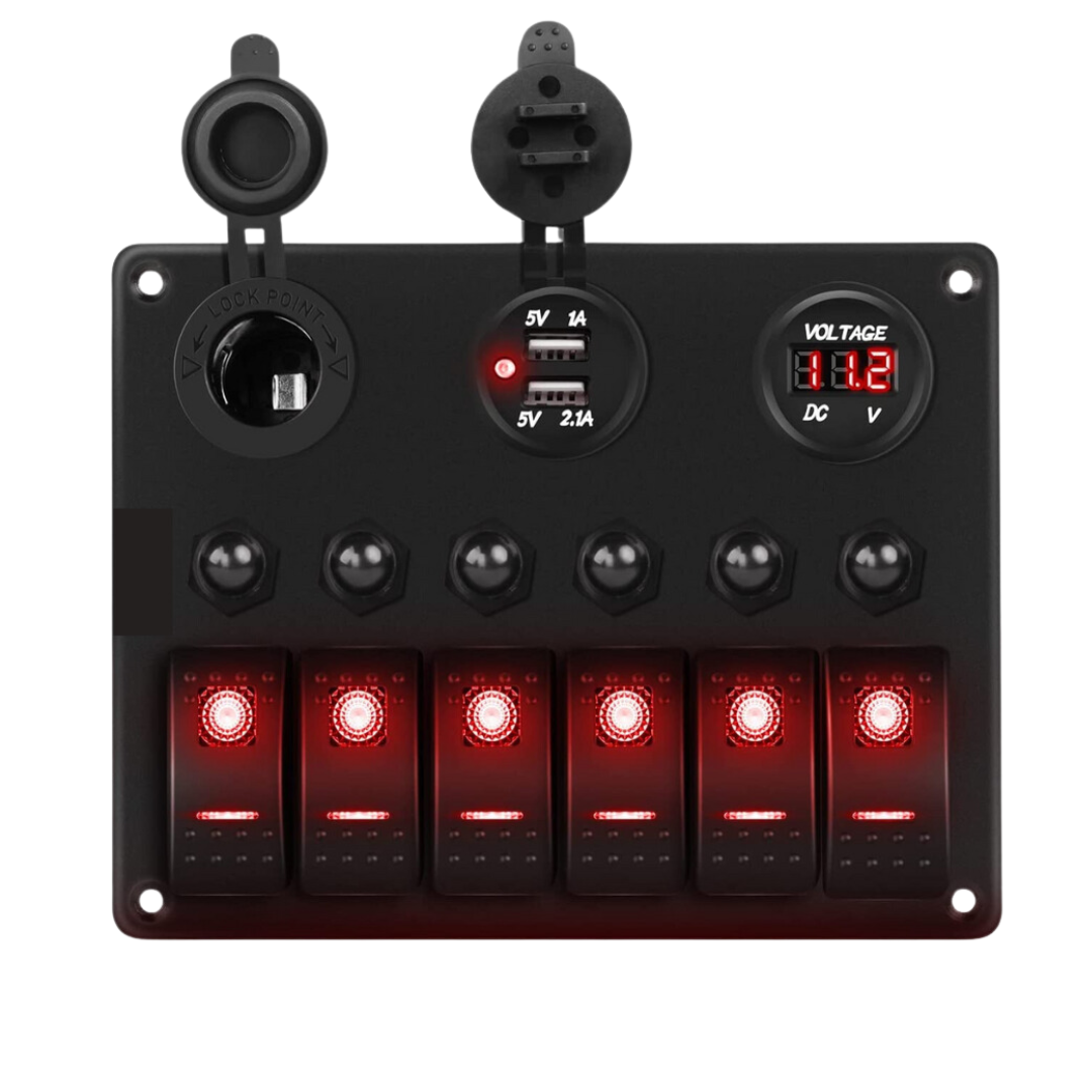 Auto 6-Gang Panel: On/Off Switches, Voltmeter, Dual USB & Cig Socket