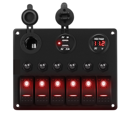Auto 6-Gang Panel: On/Off Switches, Voltmeter, Dual USB & Cig Socket