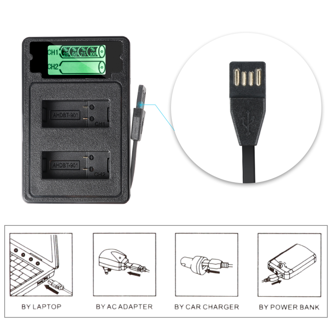 Dual USB Battery Charger with LCD Display Screen for GoPro Hero9/10/11