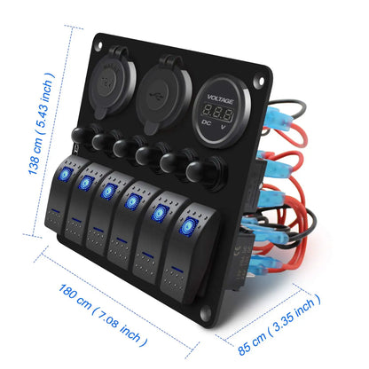 Auto 6-Gang Panel: On/Off Switches, Voltmeter, Dual USB & Cig Socket