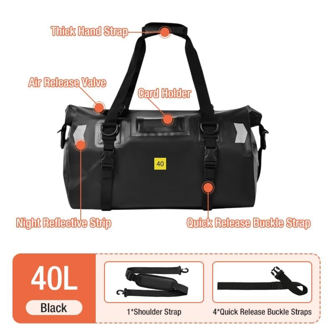 Rear Duffel Bag / Tail Bag with Air Valve: (40L) - Black
