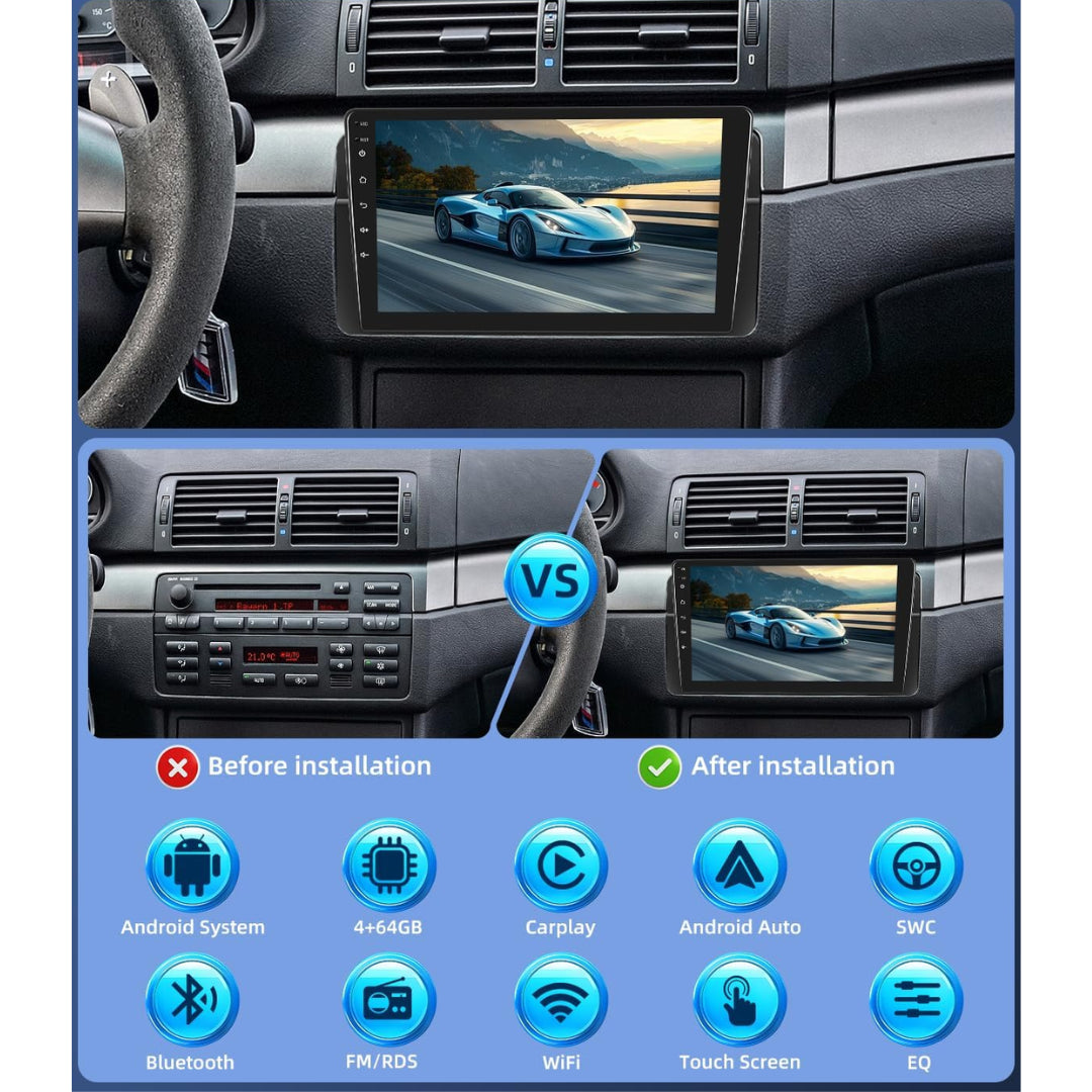 9-Inch Head Unit/ Radio & Reverse Camera BMW E46: GPS/ Andriod/ iOS/ BT