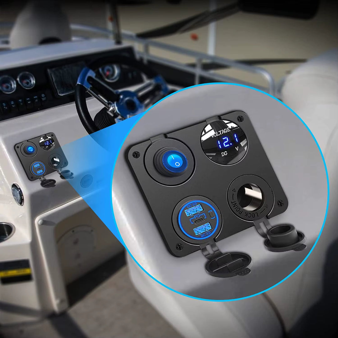 Automotive 4-in-1 Panel: Cig Port, USB/ PD, Volt Meter & Switch
