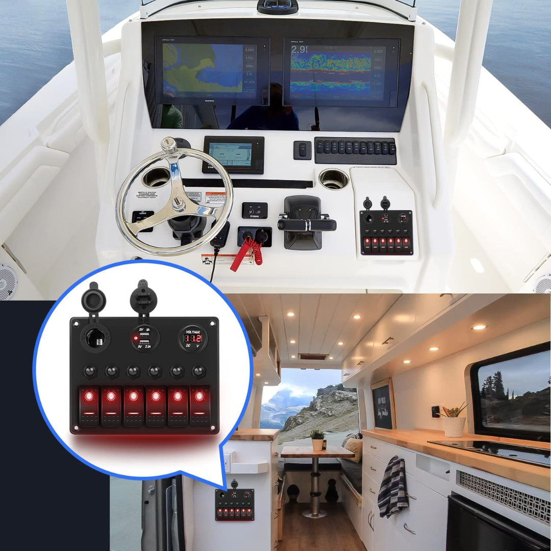 Auto 6-Gang Panel: On/Off Switches, Voltmeter, Dual USB & Cig Socket