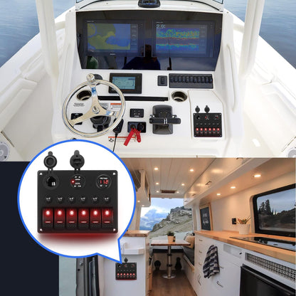 Auto 6-Gang Panel: On/Off Switches, Voltmeter, Dual USB & Cig Socket