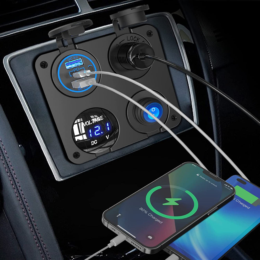 Automotive 4-in-1 Panel: Cig Port, USB/ PD, Volt Meter & Switch