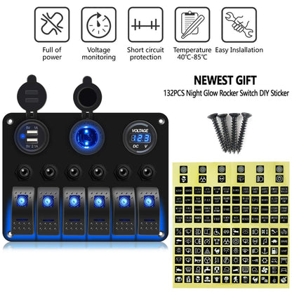 Auto 6-Gang Panel: On/Off Switches, Voltmeter, Dual USB & Cig Socket