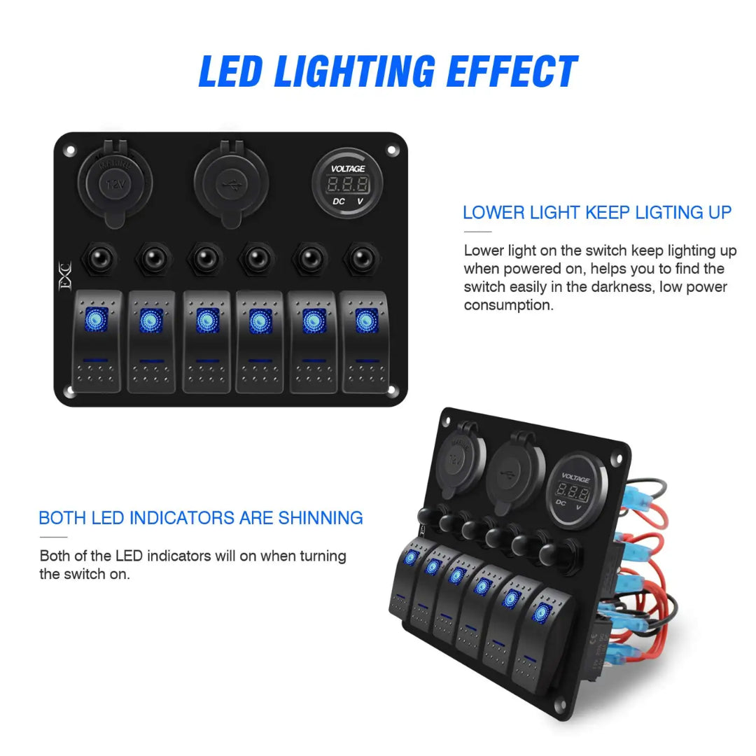 Auto 6-Gang Panel: On/Off Switches, Voltmeter, Dual USB & Cig Socket