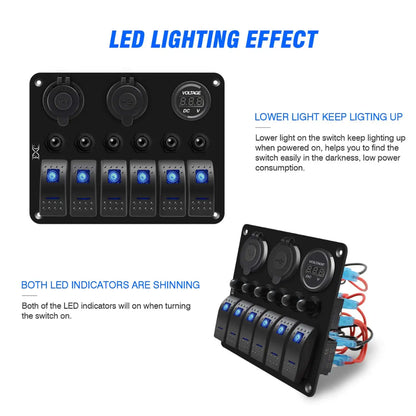 Auto 6-Gang Panel: On/Off Switches, Voltmeter, Dual USB & Cig Socket