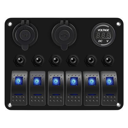 Auto 6-Gang Panel: On/Off Switches, Voltmeter, Dual USB & Cig Socket