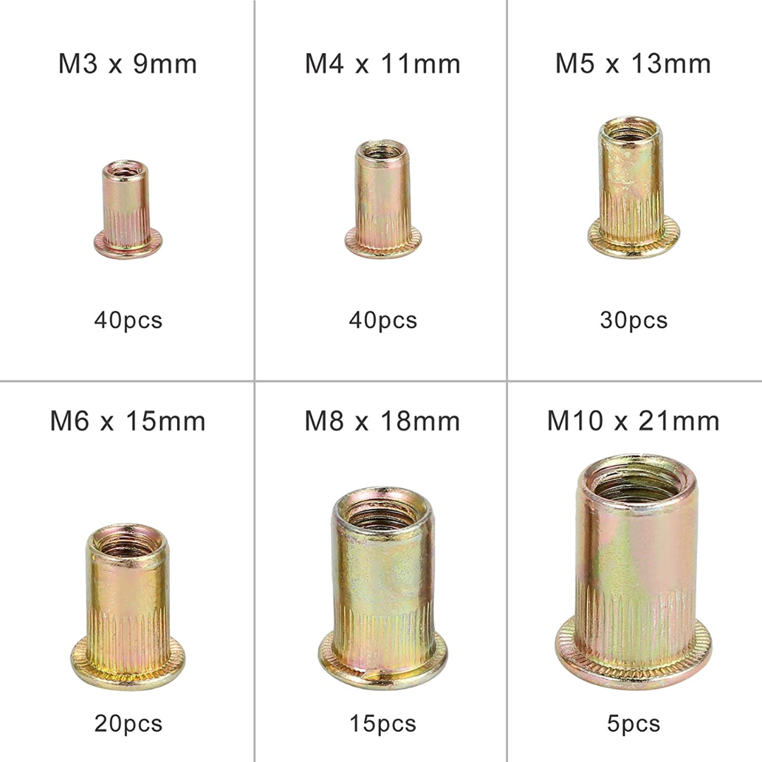 Steel Yellow Zinc Plated Threaded Rivet Nut Inserts Kit - 150 Pieces Set