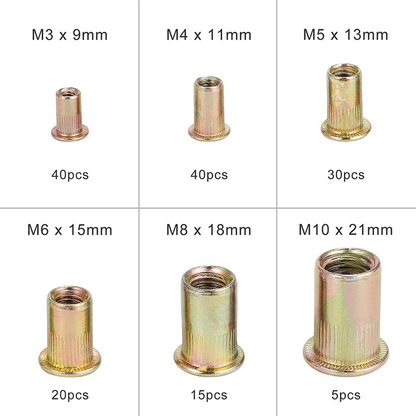 Steel Yellow Zinc Plated Threaded Rivet Nut Inserts Kit - 150 Pieces Set